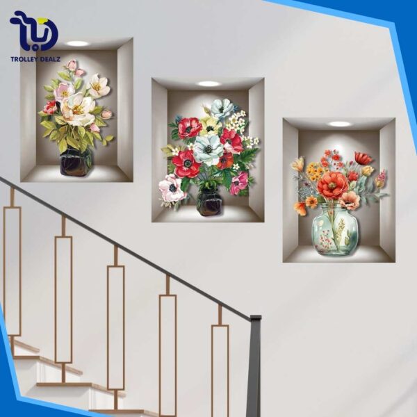 3D Plant Vase Wall Sticker 3Pcs-Self Adhesive - Image 2
