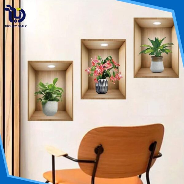 3D Plant Vase Wall Sticker 3Pcs-Self Adhesive